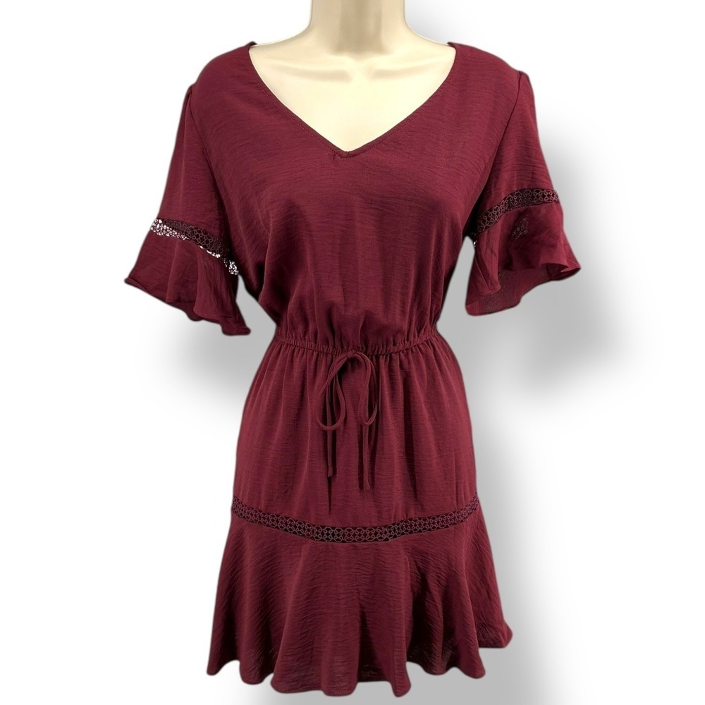 Wine Red V Neck Flutter Sleeve Lace Trim Fit Flare Dress M City Studio
